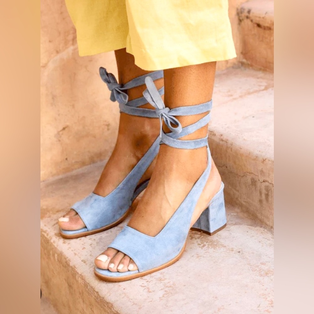 Light blue, faux suede, strappy tie up heels size 40/9. Like new condition